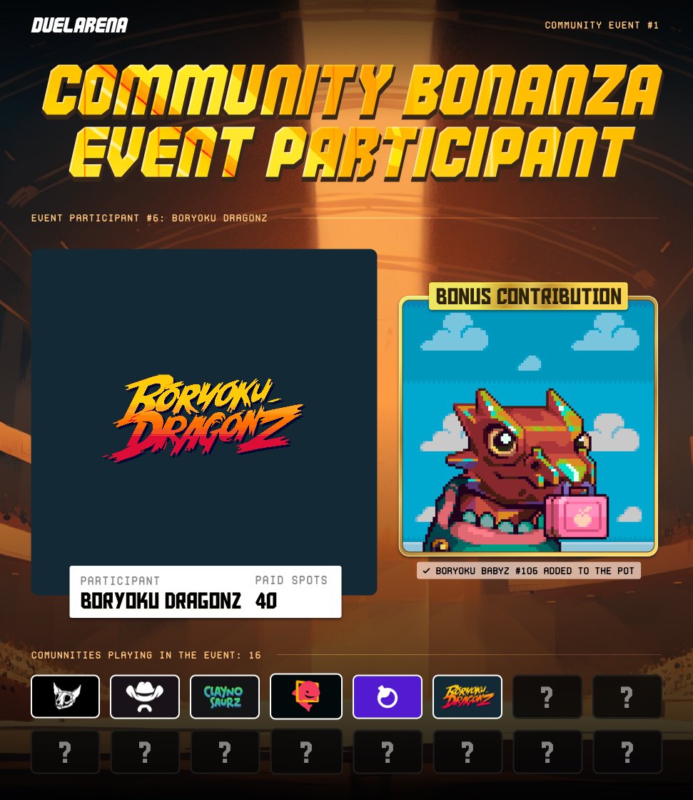 Duel Arena (@duelarenasol) on Twitter photo This sunday, we will be hosting the biggest community event the #Solana space has ever seen, our Community Bonanza.
Weโve partnered with 15 top projects in the space for the event, and we are delighted to announce our sixth partner, <a href="/BoryokuDragonz/">Bลryoku Dragonz</a> ๐ซถ
Info below ๐ This sunday, we will be hosting the biggest community event the #Solana space has ever seen, our Community Bonanza.
Weโve partnered with 15 top projects in the space for the event, and we are delighted to announce our sixth partner, <a href="/BoryokuDragonz/">Bลryoku Dragonz</a> ๐ซถ
Info below ๐