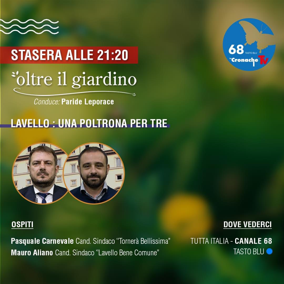 cronachelucane's tweet image. OLTRE IL GIARDINO 🌱 - Questa sera alle 21:00
🔵SMART TV Canale 68 tasto blu del telecomando.
Tribuna elettorale con i candidati a sindaco. Assente solo Carretta che malgrado una iniziale conferma, non ha poi inteso partecipare 

#programmatv #tv #televisione