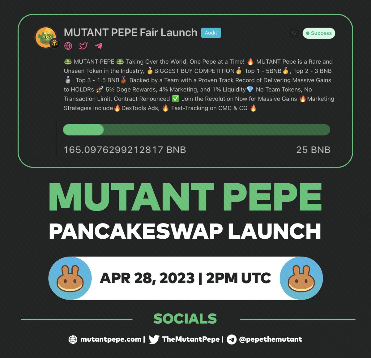 $MUTANT will start trading on PancakeSwap from 28th(tomorrow) at 2:00 UTC.

Set the alert. Hop in early. Holders will get 5% rewards in the form for $DOGE coins as reflections from the tax paid buy every new buyer.

Get early and enjoy massive reflections.
 #mutantpepe #1000x