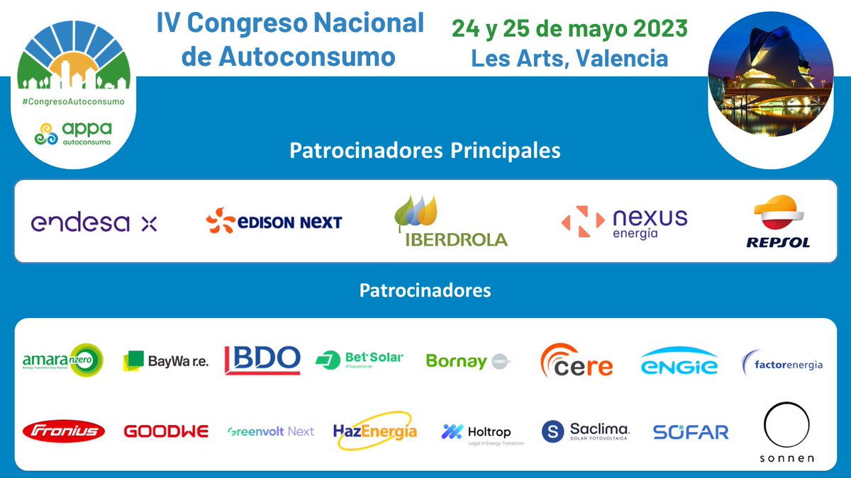 APPA Renovables (@appa_renovables) on Twitter photo 🌞🔌¡¡Ya está disponible el #programa del #CongresoAutoconsumo!! Más de 5⃣0⃣ #profesionales del más alto nivel para dos días #inolvidables con <a href="/LesArtsValencia/">Les Arts, València</a> como marco incomparable. ¿Te lo vas a perder?
👀➡️congresoautoconsumo.es/wp-content/upl… 🌞🔌¡¡Ya está disponible el #programa del #CongresoAutoconsumo!! Más de 5⃣0⃣ #profesionales del más alto nivel para dos días #inolvidables con <a href="/LesArtsValencia/">Les Arts, València</a> como marco incomparable. ¿Te lo vas a perder?
👀➡️congresoautoconsumo.es/wp-content/upl…