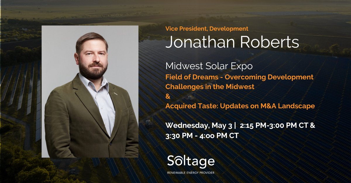 SoltageSolar's tweet photo. Our Vice President of Development Jonathan Roberts will speak on May 3rd, at @MWSolarExpo in Chicago, IL and attend the Renewables UnWind event, May 2nd!

Register both events at: 
https://t.co/1BD6ESeCDl  
https://t.co/Sh95XhvkQF

#SolarDevelopment #Solar #Soltage #MidWest #MWSE https://t.co/7XijwFDwKw