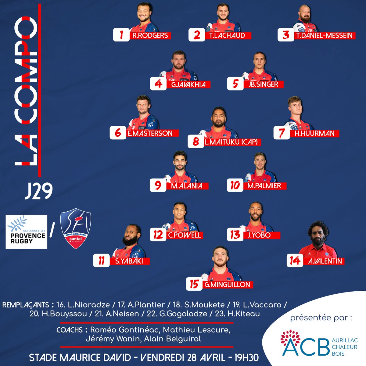 SArugbyofficiel's tweet photo. #PRSA 
#LaCompo 

Pour ce dernier déplacement de la saison, découvrez les 23 joueurs du @SArugbyofficiel  qui seront sur la pelouse du stade Maurice-David, demain soir face à @ProvenceRugby  ! 

Allez le Stade ! 

#SAfamily #StadeAurillacois 
🔴🔵🏈🏈💪💪 https://t.co/qITxuJOLSw