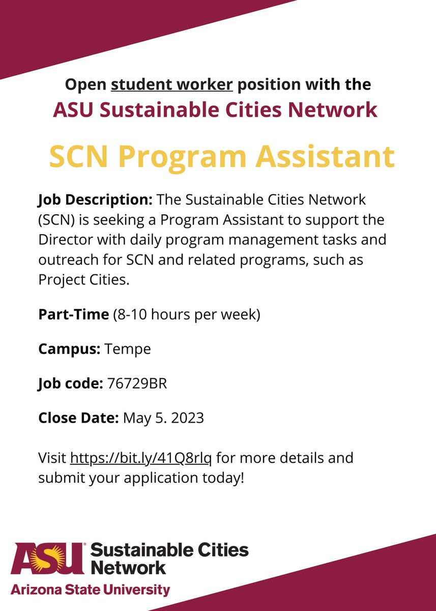 SustainableCitiesNet (@scnetworkaz) on Twitter photo 📢We're Hiring! SCN is hiring a part-time student worker position to help support the program!
Tasks include:
📕Document local sustainability activities
📱Write weekly emailers
🎯 Collaborate with local communities
Apply now at bit.ly/41Q8rlq
<a href="/ASUEmbeddedness/">ASU Social Embeddedness</a> 📢We're Hiring! SCN is hiring a part-time student worker position to help support the program!
Tasks include:
📕Document local sustainability activities
📱Write weekly emailers
🎯 Collaborate with local communities
Apply now at bit.ly/41Q8rlq
<a href="/ASUEmbeddedness/">ASU Social Embeddedness</a>