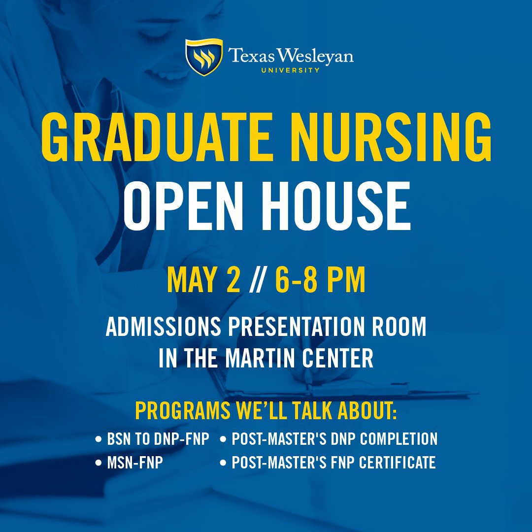 Join us on campus next Tuesday to learn more about our Family Nurse Practitioner programs! Talk with admissions team members, faculty, and students to learn more about our online degrees and certificate options. Free food provided. Register here: apply.txwes.edu/register/?id=1…