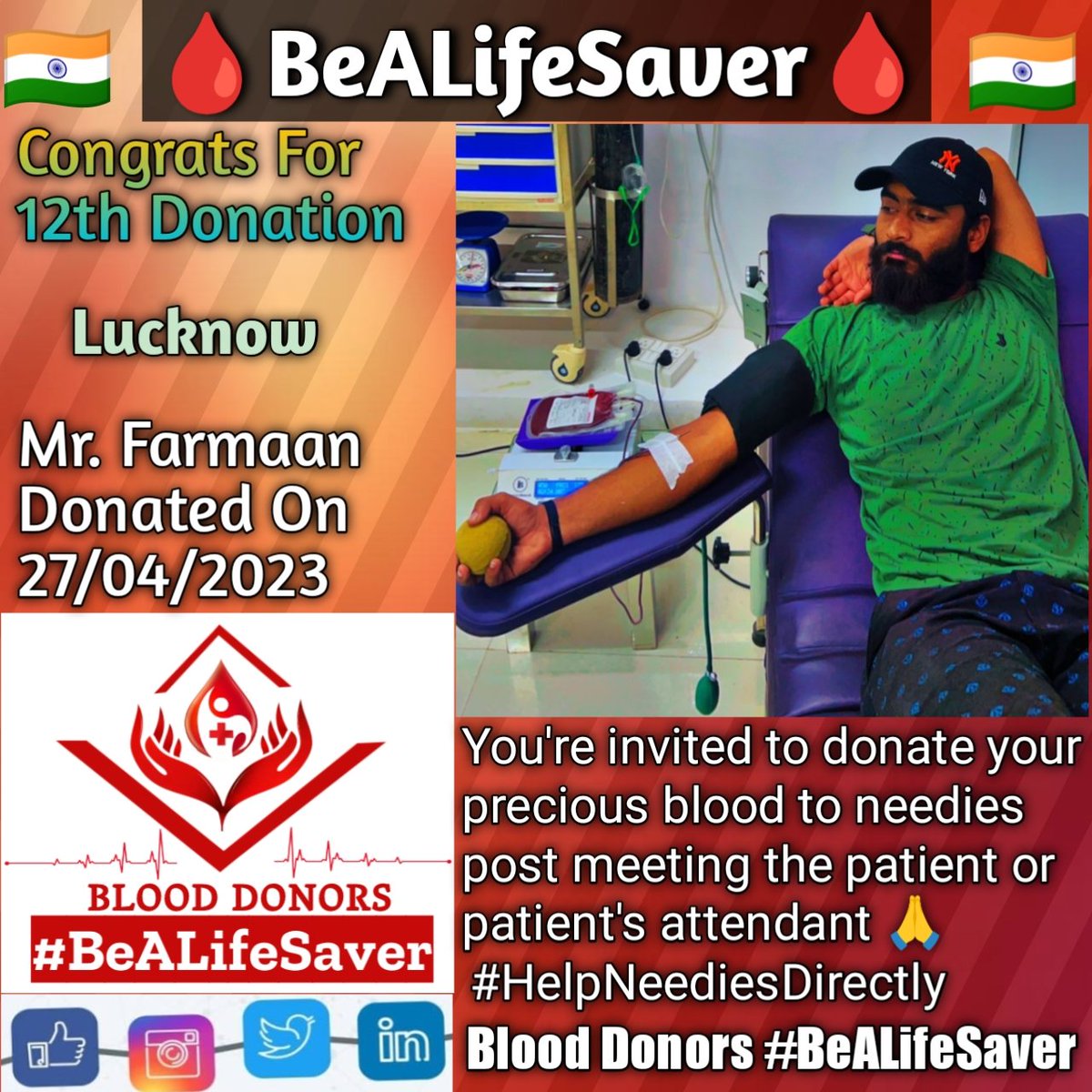 BeALifeSaver1's tweet photo. #Lucknow #BeALifeSaver
#Kudos_Mr_Farmaan_Ji
#HelpNeediesDirectly

Today's hero
Mr. #Farmaan Ji donated blood in #Lucknow for the #12thTime for one of the needies. #Heartfelt #Gratitude and #Respect to Farmaan Ji for his blood donation for Patient admitted in Lucknow. https://t.co/CsiCpB1Zyl