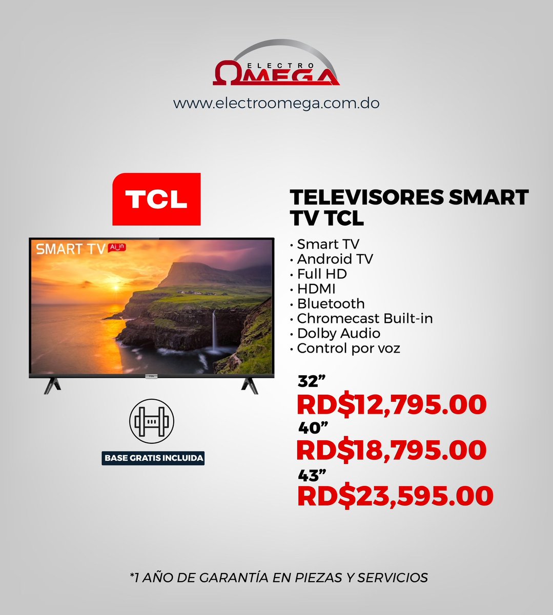 ElectroOmega's tweet image. Televisores Smart TV Andorid TCL 📺

#SmartTV #Televisores #SmartTVTCL#TelevisoresTCL #TiendaDeElectrodomesticos