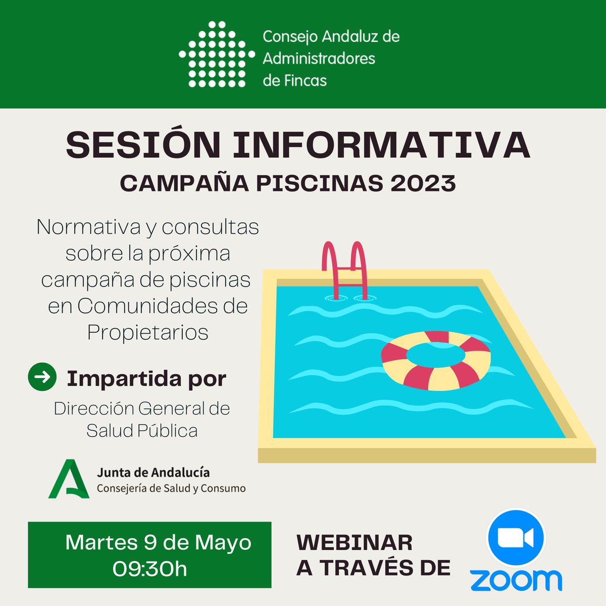 ConsejoAndAAFF's tweet photo. 👉🏼Nos complace anunciar la #webinar sobre normativa de piscinas para la temporada veraniega 2023, que celebraremos con la Dirección General de Salud Pública de la @AndaluciaJunta, el próximo día 9 de Mayo (más info remitida por cada CAF Territorial) https://t.co/xqz14IjFff
