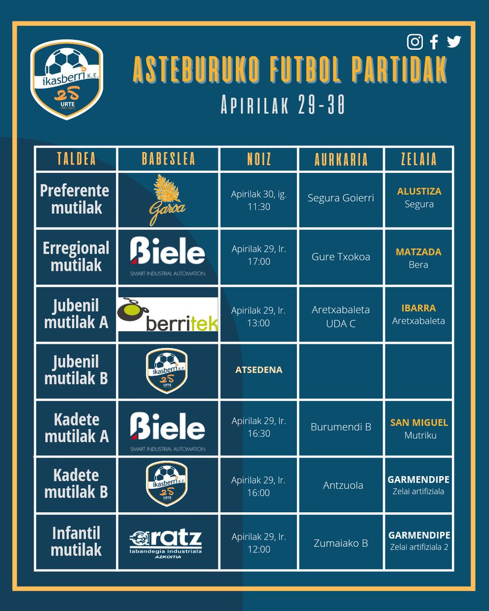 | ASTEBURUKO PARTIDAK

Asteburu honetan gure taldeek jokatuko dituzten partiden ordutegiak. #AupaIkas🔵🔵