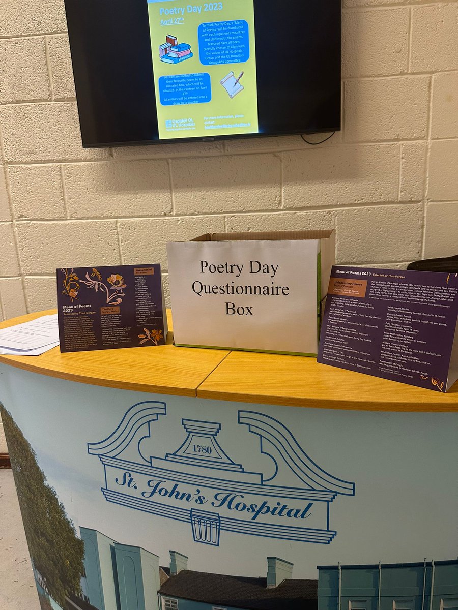 To celebrate Poetry Day Ireland, patients and staff at St. John’s Hospital enjoyed the lovely Menu of Poems selected by Poet Theo Dorgan. Thanks to all involved in this initiative.  
#MenuofPoems #PoetryDayIRL #artsandhealth