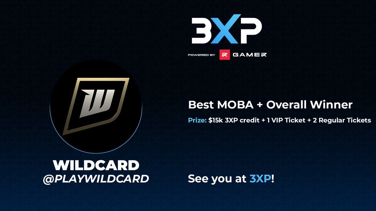 🏆 HUGE Congratulations to @PlayWildcard for taking Best MOBA + Overall winner! Prizes: $15,000 in #3XP credit + 1 VIP ticket + 2 regular admission tickets. Shoutout to @KatyjustCANnot, @paulbettner, @Phin_totten and the entire Wildcard community for showing up big time! 🔥