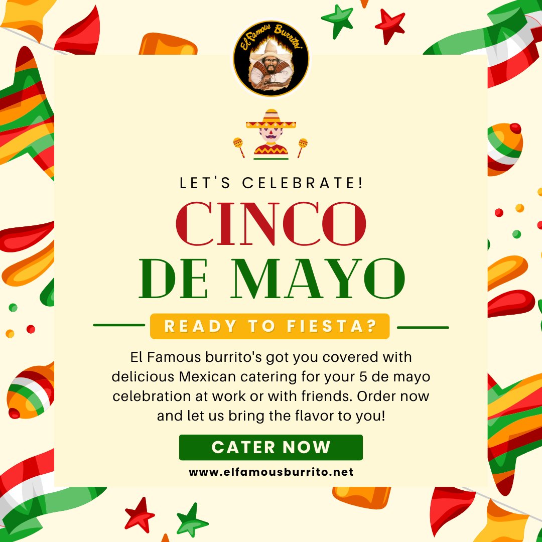 #CincoDeMayo
Place your catering orders now for Cinco de Mayo. Order online.

#ElFamousBurrito #fajitas #chicagofoodauthority #fabfoodchicago #bestfoodfeed #asada #lengua #wheeling #glendale #lombard
#cincodemayoparty #celebrate #instacincodemayo #fiesta #cincodedrinko