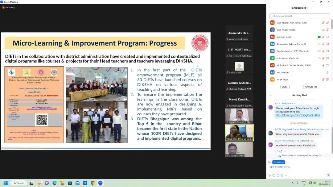 ncert's tweet photo. Glimpses of the 31st DIKSHA monthly coordination meeting with the States/UTs held on 27th April'2023 virtually. The meeting was chaired by Prof. Amarendra P. Behera, Joint Director, CIET-NCERT and convened by Prof. Indu Kumar, Head DICT and  Program Coordinator-DIKSHA. https://t.co/xldPZBy7nG