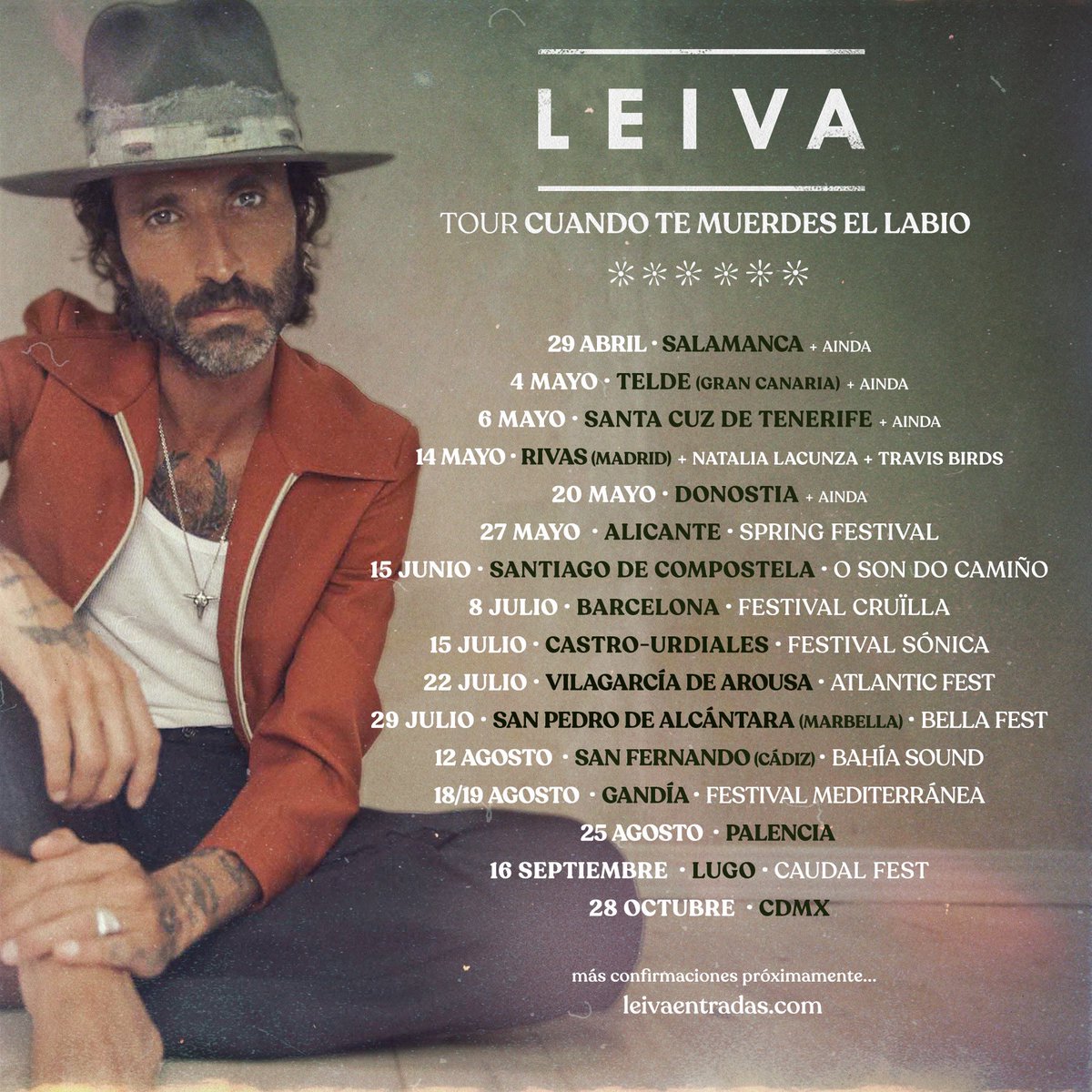 Leiva_Oficial's tweet photo. El sábado 29 de julio, el Tour #CuandoTeMuerdesElLabio llegará al #BellaFestival en San Pedro de Alcántara (Marbella)!

Las entradas ya están a la venta.

Nos vemos en los conciertos!
ℹ️ 🎫 👉🏽https://t.co/XSPnBQM7Bb https://t.co/6aQzjQu4lN