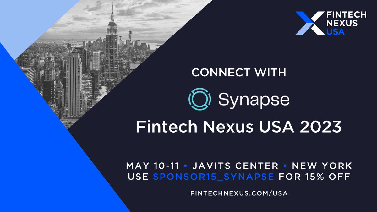 Synapse (@synapsefi) on Twitter photo Have you made plans for <a href="/Fintechnexus/">Fintech Nexus</a> yet? Don’t miss New York’s largest fintech event! <a href="/synapsefi/">Synapse</a> cofounder and CEO, <a href="/sankaet/">Sankaet</a> will take the stage to tackle the topic of Embedded Finance: Changing the Innovation Roadmap.
Get your tickets now: bit.ly/445YzFA
#fintechnexus Have you made plans for <a href="/Fintechnexus/">Fintech Nexus</a> yet? Don’t miss New York’s largest fintech event! <a href="/synapsefi/">Synapse</a> cofounder and CEO, <a href="/sankaet/">Sankaet</a> will take the stage to tackle the topic of Embedded Finance: Changing the Innovation Roadmap.
Get your tickets now: bit.ly/445YzFA
#fintechnexus