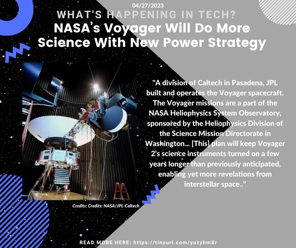 Welcome to Space Tech Thursdays! 

The Voyager 2 spacecraft was originally launched in 1977, and has traveled more than 12 billion miles away from Earth. Currently, Voyager 2 is using a backup power source to aid in maintaining its dwindling power supply… instagr.am/p/Crizp3MthBT/