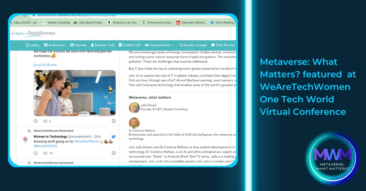Metaverse: What Matters? (@metaversewm) on Twitter photo Delighted to feature on the On Demand stage at <a href="/WeAreTechWomen/">WeAreTechWomen</a> Virtual Conference today. Fantastic content & speakers throughout the event and was great to share developments in #metaverse as well as details of our upcoming episodes! #responsiblemetaverse #AI #podcast #AR #VR Delighted to feature on the On Demand stage at <a href="/WeAreTechWomen/">WeAreTechWomen</a> Virtual Conference today. Fantastic content & speakers throughout the event and was great to share developments in #metaverse as well as details of our upcoming episodes! #responsiblemetaverse #AI #podcast #AR #VR