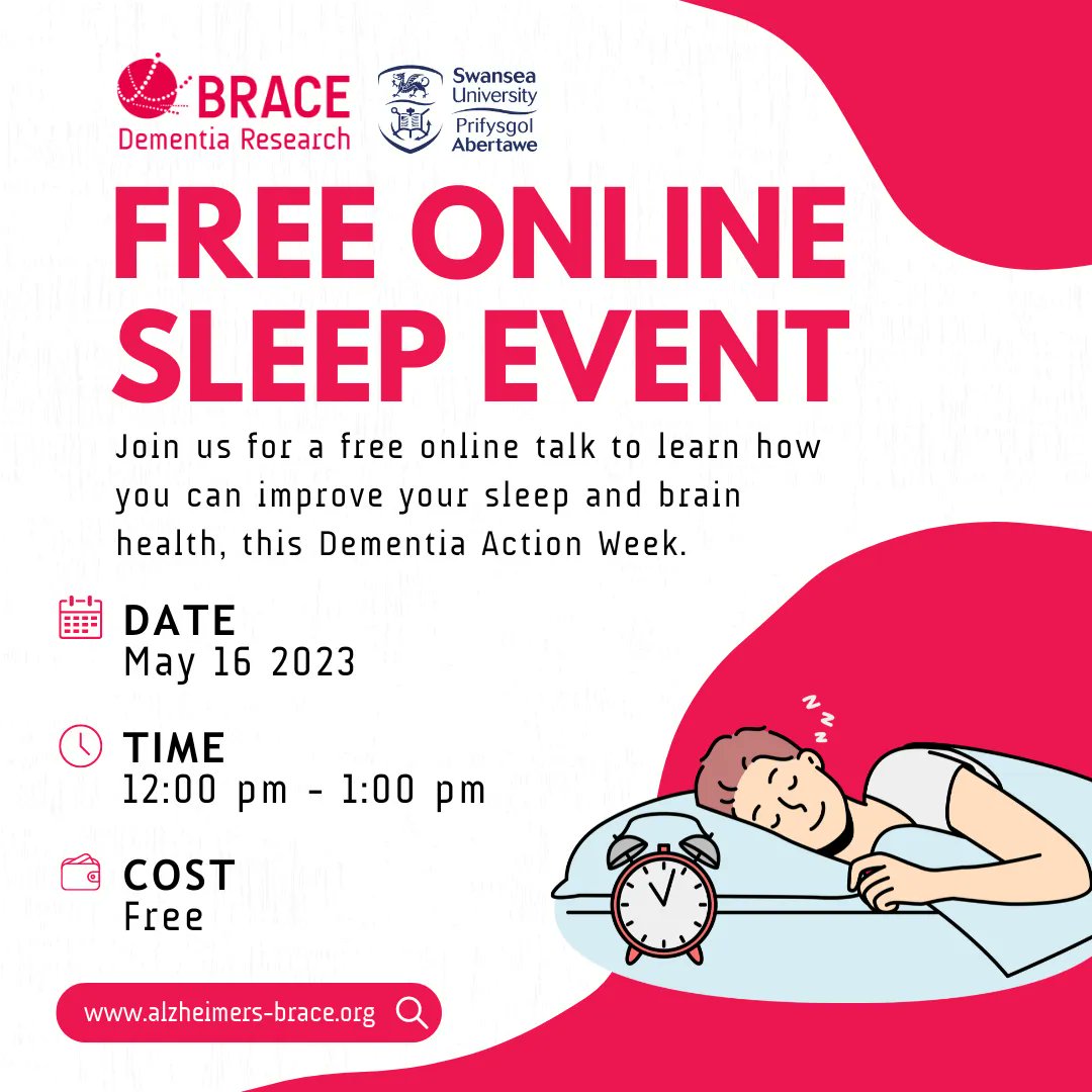 AlzheimersBRACE's tweet photo. Join us for a FREE online talk with #dementia and sleep researcher @1ChloeTulip from @SwanseaUni, to learn how you can improve your sleep and brain health, this Dementia Action Week 😴 

📅 May 16 2023
🕒 12:00pm - 1:00pm
🎟️ https://t.co/untqqZW4zc https://t.co/kFOVDtszx4