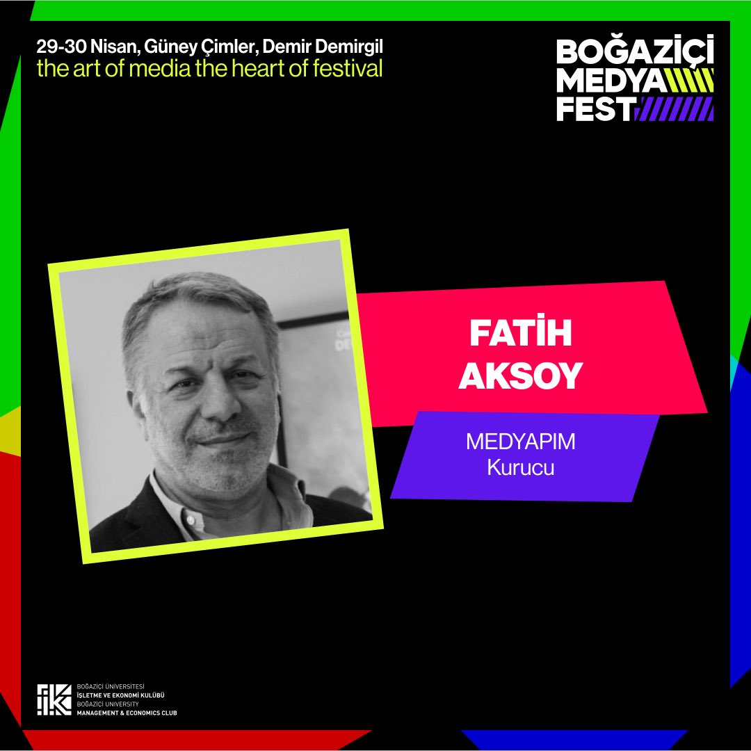Etkinliğimizin Ana Sponsoru olan Yasak Elma, Sadakatsiz, Adını Feriha Koydum, Doktorlar gibi dizilerin yapımcısı MEDYAPIM’ın Kurucusu Fatih Aksoy da 29-30 Nisan’da Boğaziçi MedyaFest’te bizimle olacak!💫

Birçok popüler dizinin yapımcısı olan Fatih Bey’in oturumunu kaçırmayın!