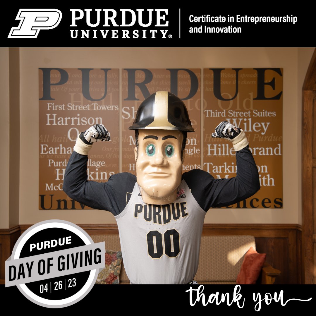 THANK YOU for being part of history on the 10th annual #PurdueDayofGiving!

#incubatingtalent #boilerup #ENTRPurdue #hammerdown #hailpurdue #boilermakers #boilermaker #goboilers #MySmallStep #MyGiantLeap #PurdueUniversity #Purdue #BoilerUp #Boilermakers #TheNextGiantLeap