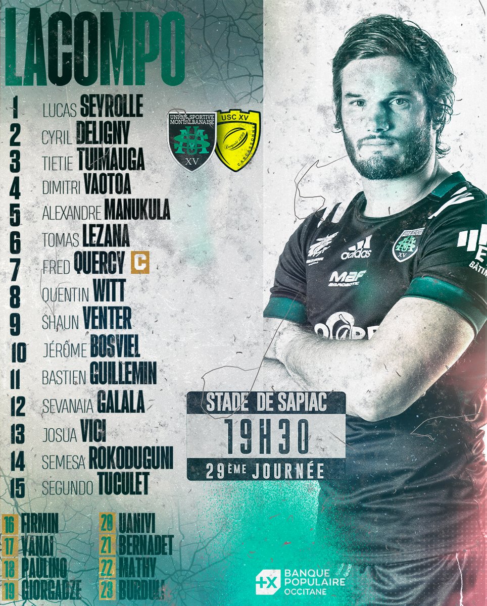 UsmSapiacRugby's tweet photo. 𝗟𝗮 𝗖𝗼𝗺𝗽𝗼' ♟   

Découvrez les 23 joueurs qui reçevront @USCarcassonne dans  un Sapiac à guichets fermés pour le match de l'année ! ✊   

https://t.co/zQstQaJvus

📺 Rugby +  
⌚️19H30 
🏟 Stade de Sapiac  

#AllezSapiac #USMUSC #LaCompo https://t.co/y3pfXhmxaa