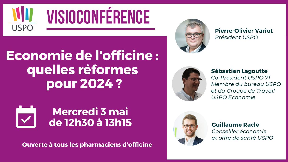📅 [VISIO] Economie de l’officine : quelles réformes pour 2024 ?
➡️Consultation de la profession sur les évolutions économiques à venir
⏰3 Mai
✅ <a href="/PO_VARIOT/">Pierre Olivier Variot</a>, Sébastien Lagoutte et <a href="/Guillaume_RACLE/">Guillaume RACLE</a> vous répondent en direct
📑 Inscription ouverte à tous  ow.ly/rpVY50NQhyW