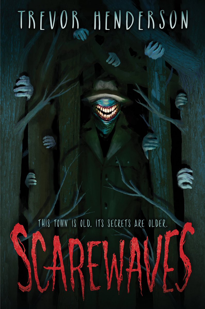 So, I wrote a middle-grade kids horror book for @Scholastic ! It’s called SCAREWAVES, and it’s about a group of kids in a small town called Beacon Point in the 90’s being stalked by monsters. There’s a spooky paranormal radio show involved, too! I also did 26 interior drawings!