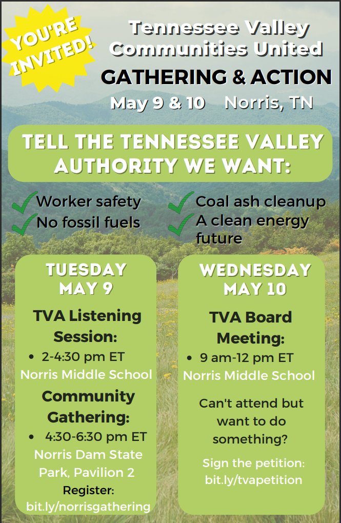 Everyone!!! We've got updates on the TVA front! We are going with our <a href="/CleanUpTVA/">Clean Up TVA Coalition</a> partners to the next Board Meeting &amp; Listening Session! Sign up at bit.ly/norrisgathering to join us! And don't forget to sign the petition at bit.ly/tvapetition if you can't make it!