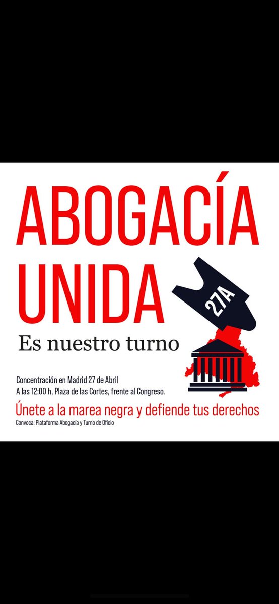 abogados_malaga's tweet photo. 27 Abril 2023, la Abogacía de TODA España, privada y del Turno de Oficio, se dirige en Madrid a reclamar sus derechos: a la suspensión de los plazos si fallece tu padre, a una retribucion superior a 2€/hora que nos paga la administración en el TO. #MareaNegra #EsNuestroTurno https://t.co/jIyPLxpZkM