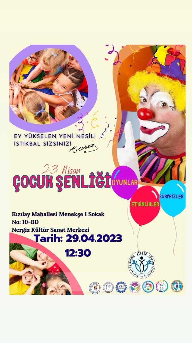 Çocuklarımız için bizler hazırız.
29 Nisan 2023 Cumartesi günü saat 12.30 da Kızılay/ Nergiz Kültür Sanat ve Gösteri Merkezimizde bekliyoruz. 
Depremzede çocuklarımız başta olmak üzere tüm çocuklarımız aileleriyle beraber misafirimizdir.
