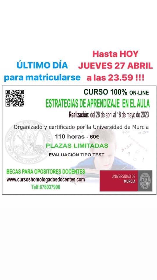 👉CURSO 100% ONLINE CERTIFICADO E IMPARTIDO POR LA      UNIVERSIDAD PUBLICA DE MURCIA   
👉Más información de éste y de otros cursos en   
👉👉Web: eventos.um.es/61881/section/…           
👉👉Teléfono de contacto: 678037906 (también whatsaap)