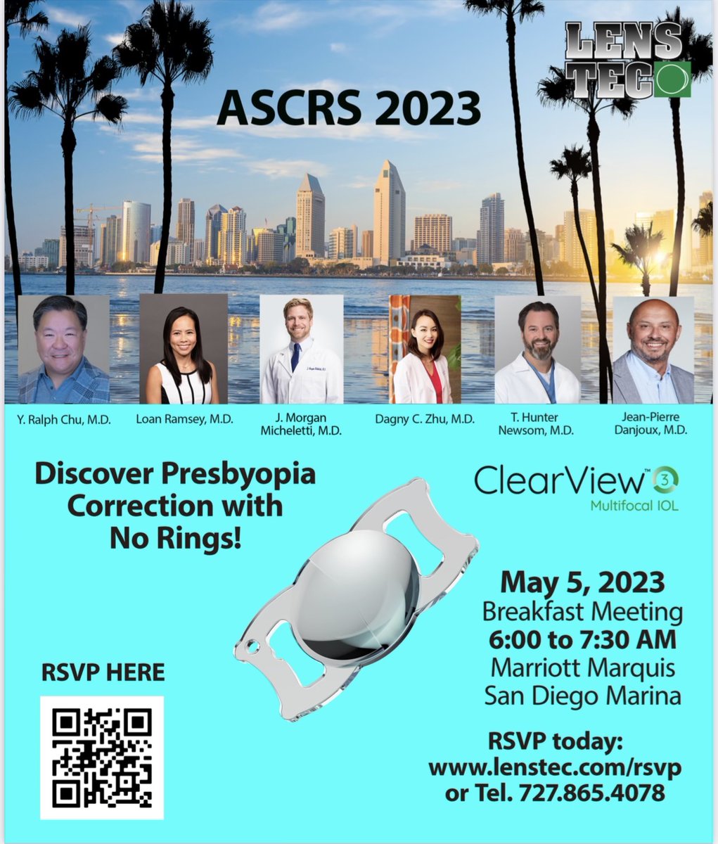 DZEyeMD's tweet photo. Join us as we kick off #ascrs2023 bright and early Friday morning with a breakfast symposium.

Make sure to RSVP at https://t.co/i4boFQ0sJS to get a seat to the breakfast meeting. See you in San Diego!!

#lenstec #cataractsurgery #cataract #presbyopia #iol #lens #ophthalmology https://t.co/Pk2sd5nhsD
