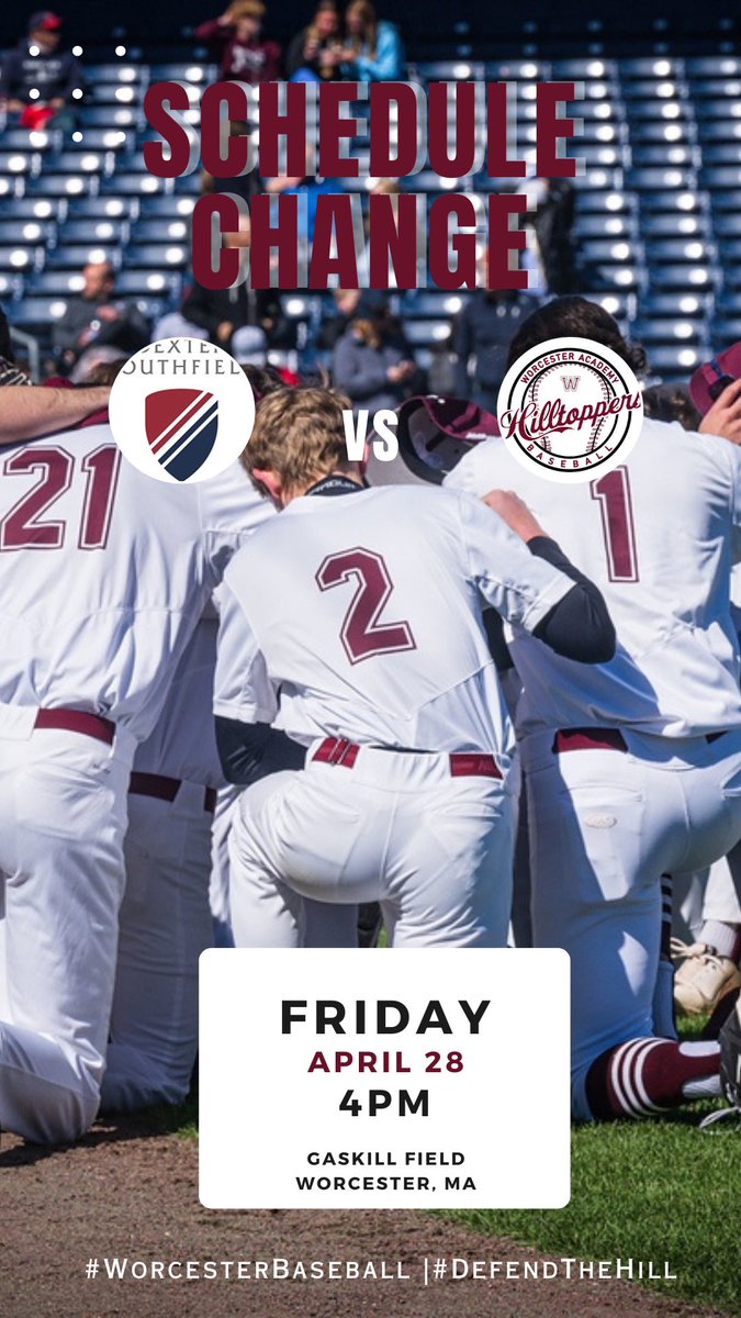 SCHEDULE UPDATE!

We will play Dexter tomorrow at 4pm at Gaskill Field! 

<a href="/WA_Athletics/">Worcester Academy Athletics</a> <a href="/tgsports/">Worcester T&G Sports</a> <a href="/BGlobeSports/">Boston Globe Sports</a> <a href="/GlobeSchools/">Boston Globe Schools</a> @PBRNEScout