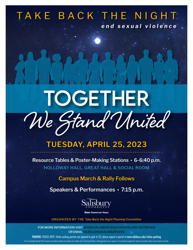 UMESCounseling's tweet photo. Counseling Services and The B.R.A.V.E. project attended Take Back the Night at Salisbury University. "Together We Stand United".  April is Sexual Assualt Awareness Month. @umesbrave , @UMESequity , #umes https://t.co/ohjiETLrT9