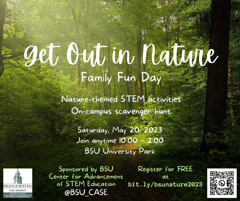 GET OUT... into nature with us! 
Join our family fun day on May 20th (rain date May 21st) from 10am-2pm on campus with nature-themed STEM activities and a scavenger hunt. Best of all, registration is free at bit.ly/bsunature2023. Brought to you by @BSU_CASE.