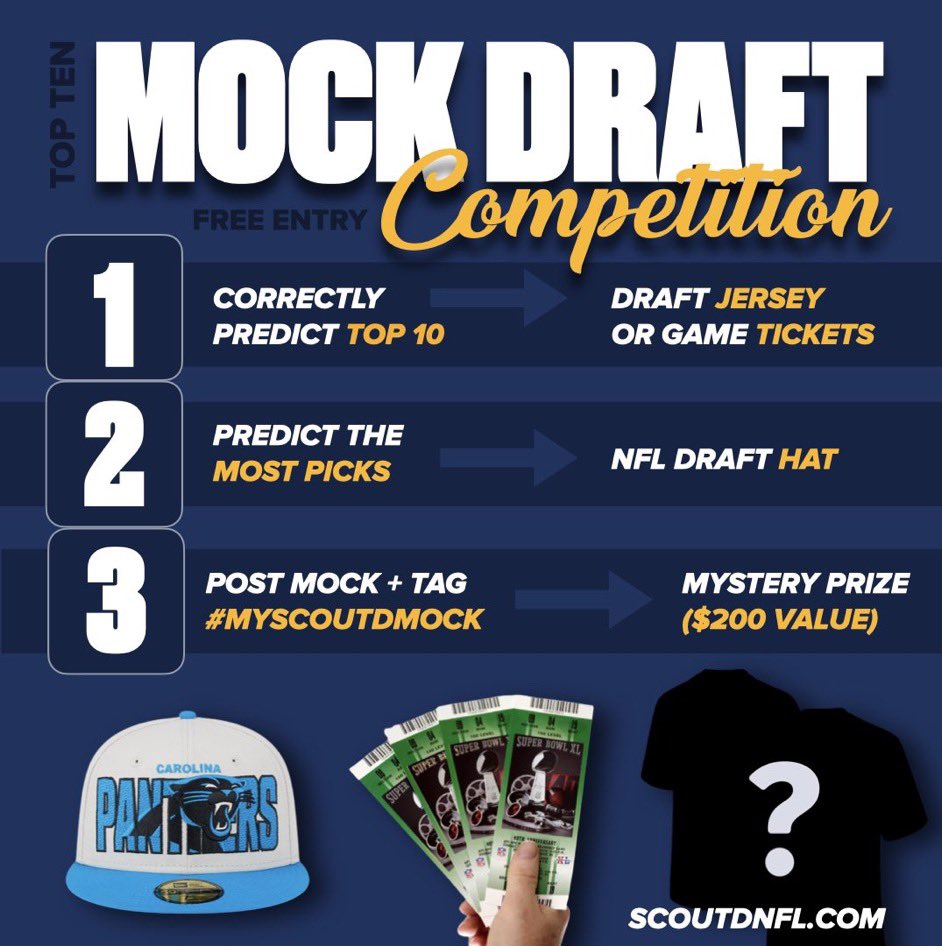 scoutdnfl's tweet photo. 🚨FREE ENTRY Mock Competition 🚨

Step 1️⃣: Follow @scoutdnfl ✅

Step 2️⃣: Create Your Mock at: https://t.co/3Tn7ssNSLK ✅

Step 3️⃣: (Optional) Tweet Your Mock Results and use #myscoutdmock for a chance to win our MYSTERY PRIZE 🎁 ($200 Value) ✅

#NFLDraft | #NFLDraft2023 https://t.co/nx4Cx4MQzQ
