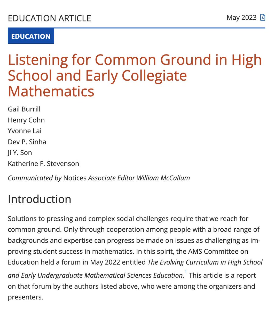 The status quo of math ed is failing too many students, particularly students from underserved communities. In the latest AMS Notices, we lay out the *hard work ahead* that mathematicians, educators, curriculum designers, and learning scientists agree on!
ams.org/journals/notic…