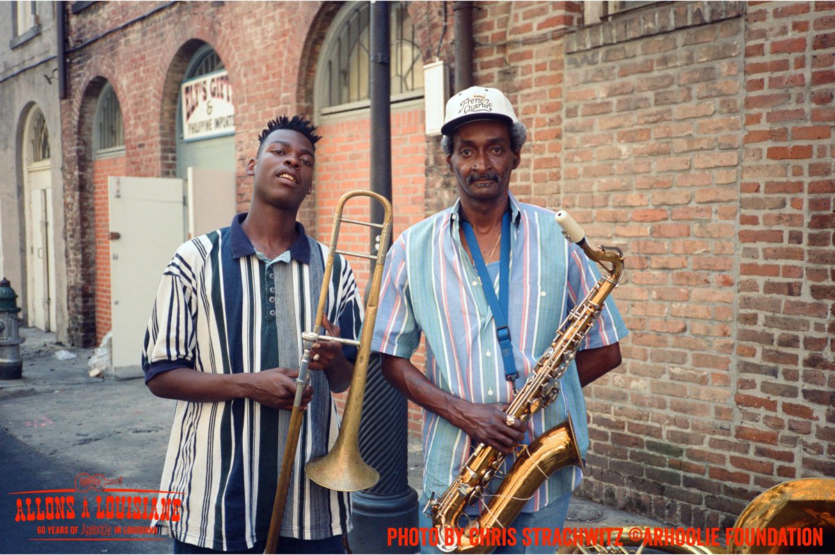 Chris Strachwitz photographed Gregory 'Koon' Veals and Frederick 'Shep' Sheppard behind Louisiana Music Factory, in New Orleans in 1996. @JazzFest @Jazznheritage @JazzFestArchive @wwoz_neworleans @krvsmedia @TremeBrassBand @Koonsmoon