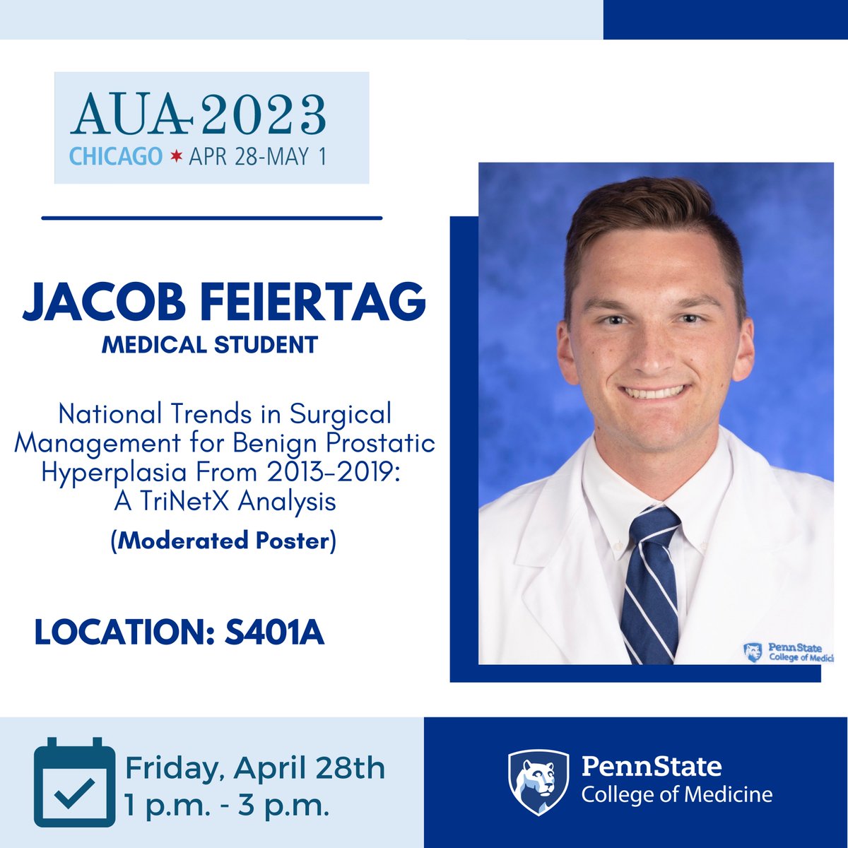 PSH_Urology's tweet photo. Make sure you check out @jacobfeiertag's poster and presentation, "National Trends in Surgical Management for Benign Prostatic Hyperplasia From 2013-2019:  A TriNetX Analysis" #AUA23 #Urology #UroSoMe #medicalstudent https://t.co/DC1q4LeIXN