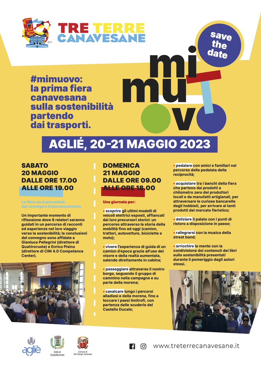 ♻️ #MIMUOVO - AGLIÈ - 20-21 MAGGIO 2023 🔋 
⏩  1ª FIERA CANAVESANA SULLA #SOSTENIBILITÀ PARTENDO DAI TRASPORTI

La classica fiera primaverile alladiese ha una nuova veste. 

📣 SAVE THE DATE 🔗  MORE INFO: treterrecanavesane.it  

#Eventi #Agliè #Reciprocità