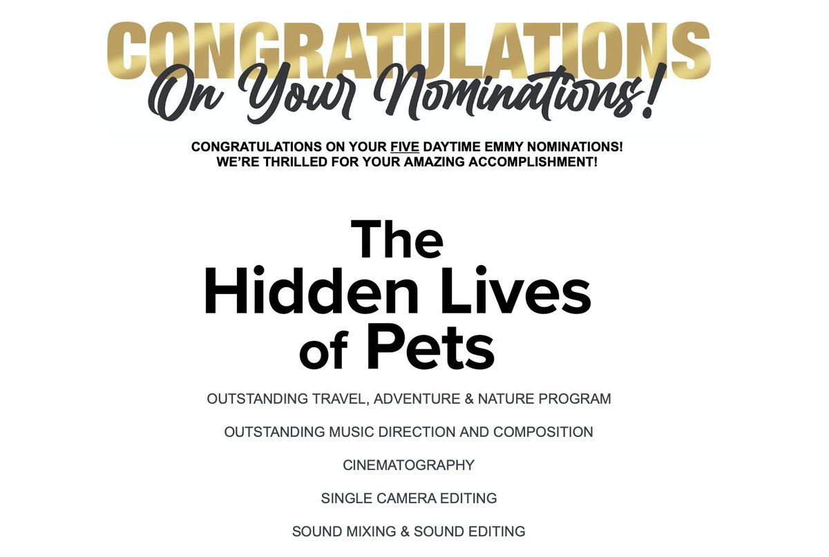 We are incredibly excited to announce that our recent series The Hidden Lives of Pets has been nominated for not one but FIVE Daytime Emmy awards!

A massive congratulations to everyone on the Hidden Lives of Pets team for their <a href="/TheEmmys/">The Emmys</a> nominations.
(1/3)