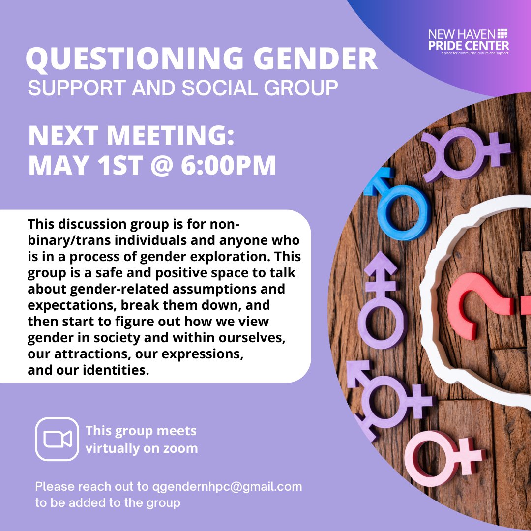 Join us for our Questioning Gender Support and Affinity Space! This discussion group is for non-binary/trans individuals and anyone who is in a process of gender exploration.

Read more: bit.ly/AffinitySpaces

#trans #gnc #nonbinary #genderidentity #newhavenpridecenter #lgbtq