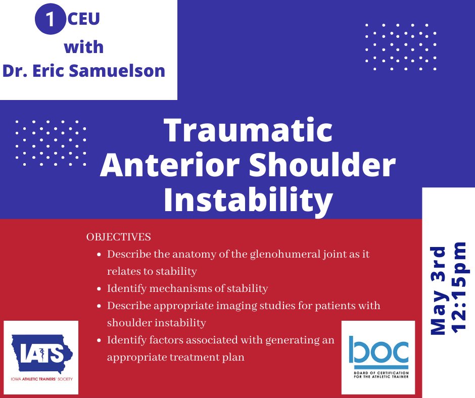 IowaATSociety's tweet image. More #lunchandlearns coming at you! This time hosted by IATS SSC. Join us Wednesday May 3rd 12:15-1:15pm with Dr. Samuelson of @OrthoNebraska 
Get your FREE CEU and register today! forms.gle/5U9c1qbmeE7kTY…