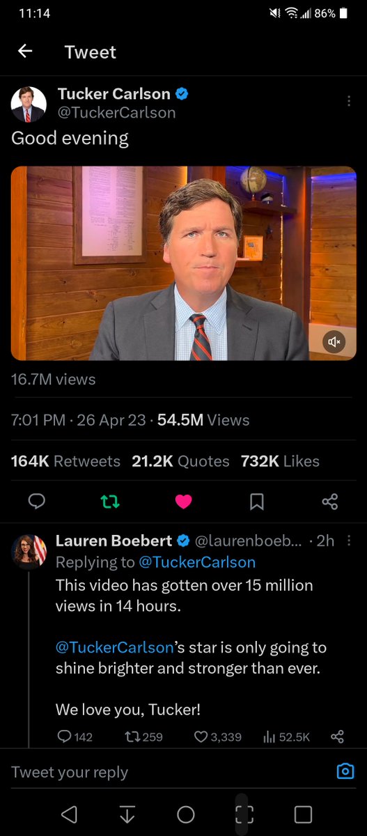 __JayRizzo__'s tweet photo. @laurenboebert @TuckerCarlson 54 million now at 16 hours https://t.co/4b1hyV11V8