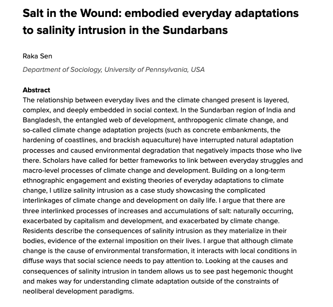 Thrilled to share my first solo authored paper! I theorize with the lived experiences of people in the Sundarbans & argue that understanding their everyday lives helps us break away from embedding climate solutions within the problem that created them. bit.ly/saltylives