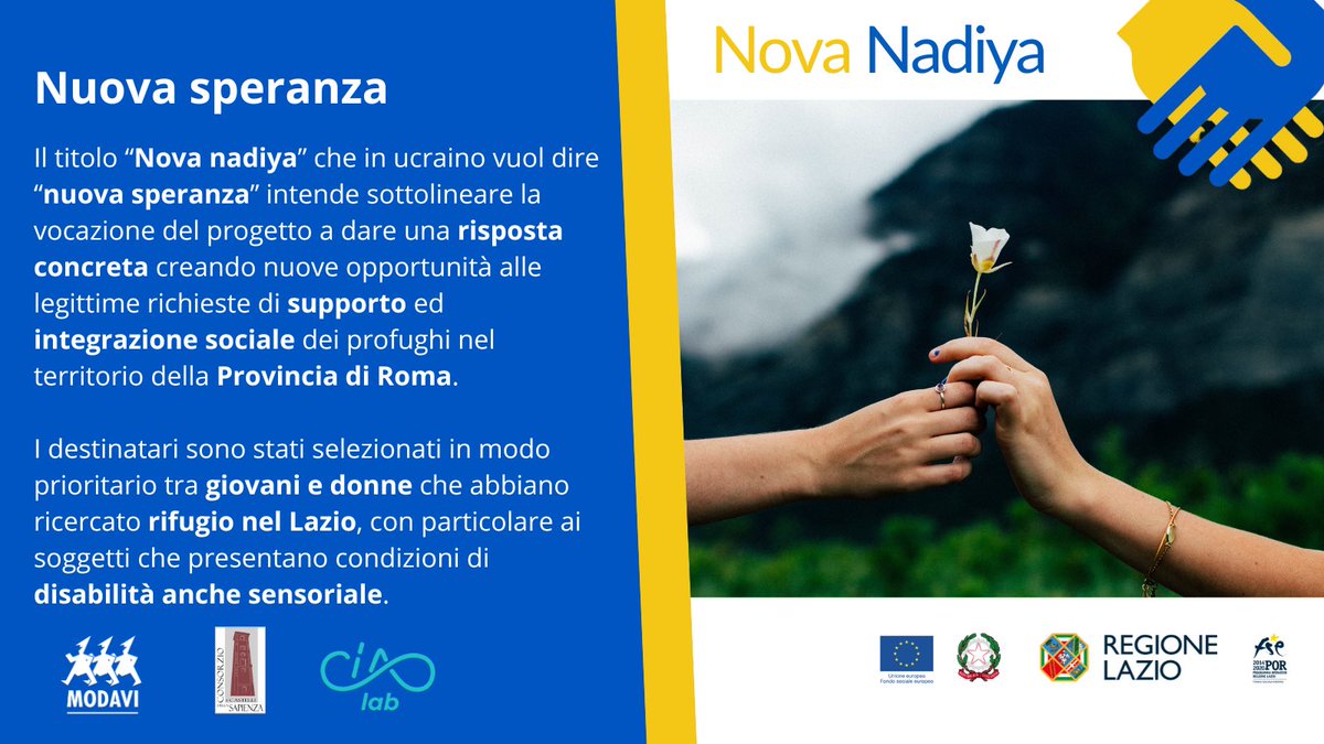 🇺🇦 #NovaNadiya, finanziato dalla Regione Lazio -POR FSE 2014/20 - Avv. pub. Realizzazione di interventi e reti per la presa in carico e l’inclusione socio-lavorativa della popolazione ucraina sul territorio della #RegioneLazio - Asse 2 – #Inclusionesociale #lottaallaPovertà
