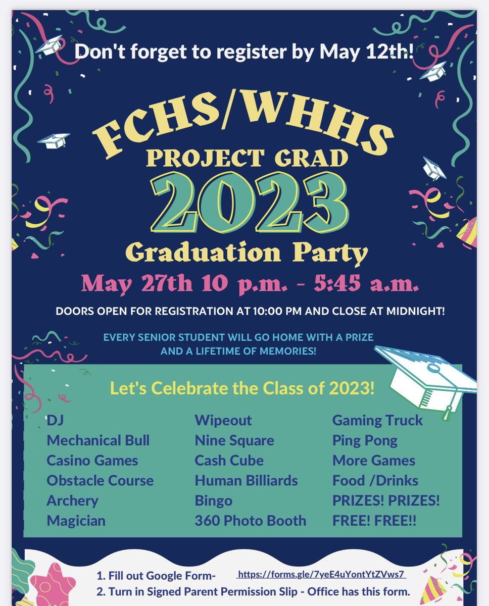 Flyer Seniors,

Project Graduation is right around the corner!  Make sure to register using the link on the poster.  ALL SENIORS WILL GO HOME WITH A PRIZE!  Hope to see you there!  #FlyerPride #FlyersThrive #WeAllThrive <a href="/OneTeamFCS/">Franklin County Schools</a>