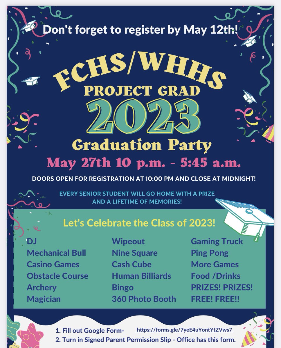Flyer Seniors, Project Graduation is right around the corner! Make sure to register using the link on the poster. ALL SENIORS WILL GO HOME WITH A PRIZE! Hope to see you there! #FlyerPride #FlyersThrive #WeAllThrive @OneTeamFCS