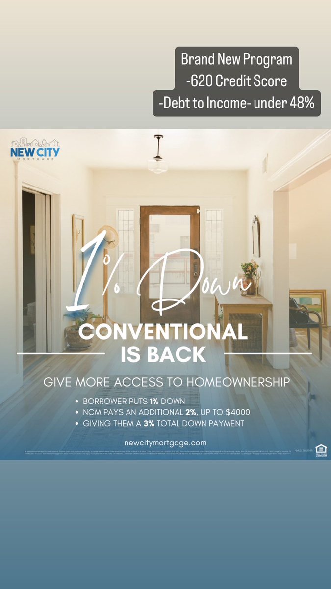 Realtor_Randa's tweet photo. New City Mortgage has a brand new program!! 1% down payment home loan!
Ask me how you can qualify to get your dream home!! https://t.co/VrUdPSlzB8