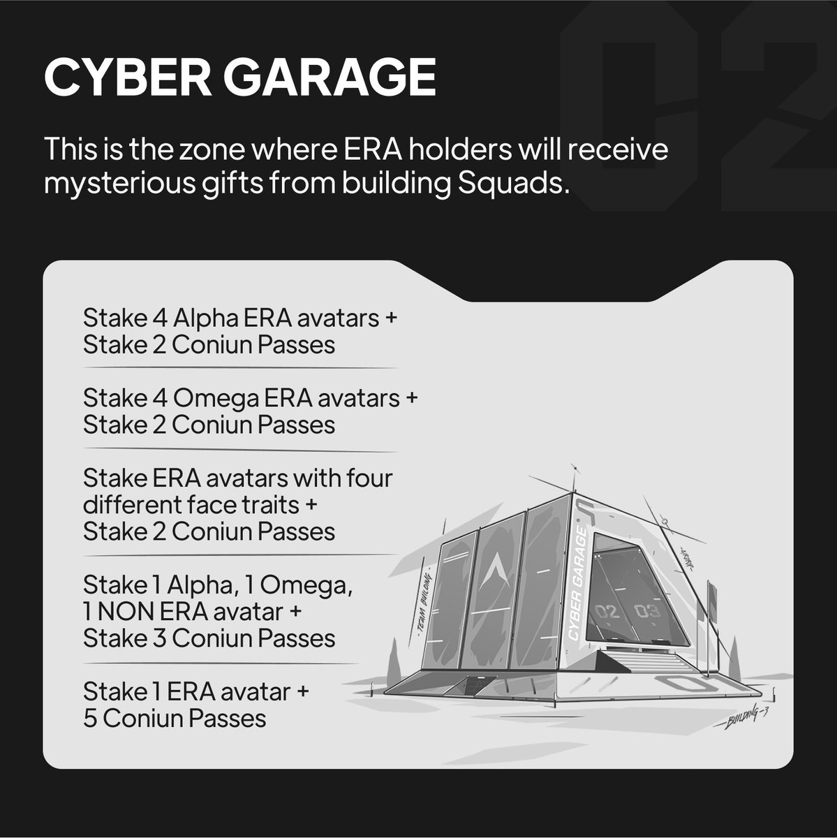 ERA holders will receive mysterious gifts from building Squads. ✨

Squads can be built by staking different ERA avatars and Coniun Pass NFTs.

Here are some Squad examples: