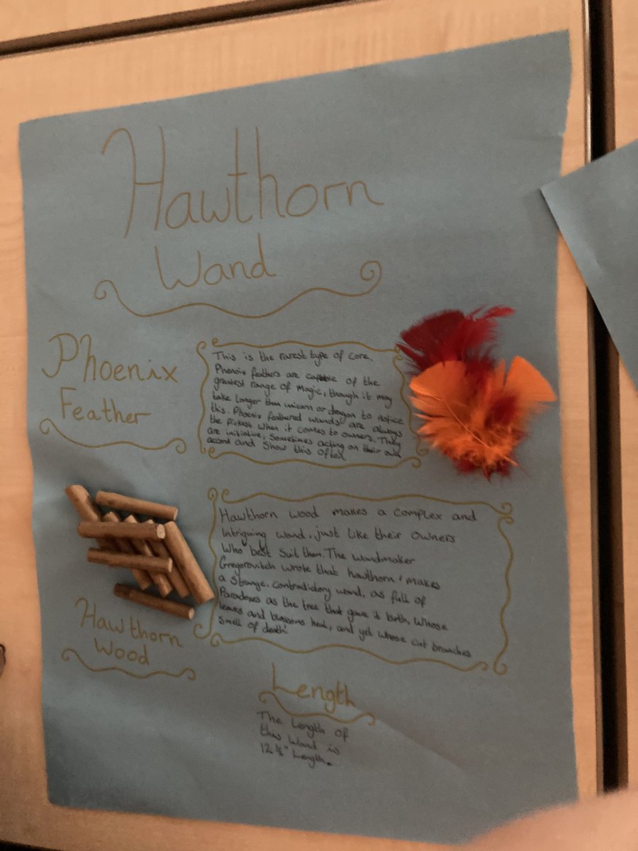 StModanEnglish's tweet photo. Harry Potter Club getting creative today. We’re making posters displaying the elements of wand making: Dragon heart string, phoenix feathers and of course the wood. Lovely work! #HarryPotter #wandlore https://t.co/iYi6JcIN8i